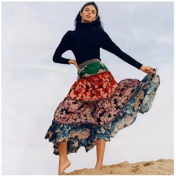 Anthropologie Dresses & Skirts - Anthropologie Bhanuni by Jyoti Colorful Tiered Floral Maxi Skirt SZ 2 Boho Silky